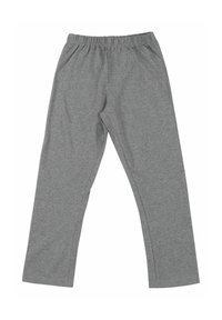Pantaloni grigi elasticizzati realizzati in tessuto morbido con vita elastica. Design a gamba dritta, senza tasche, con texture liscia, adatti per l'abbigliamento casual.