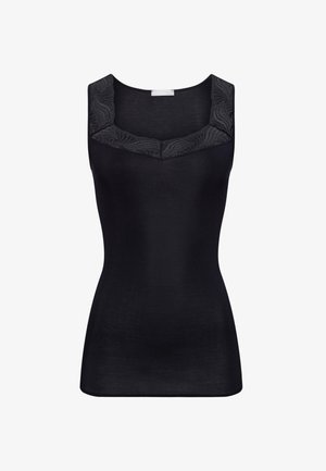 Schwarzes ärmelloses Oberteil mit V-Ausschnitt, strukturiertem schwarzen Dekorationsrand am Ausschnitt, taillierter Silhouette und glattem Stoff.