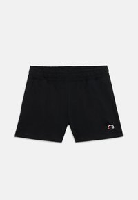 Shorts de sport noirs avec une taille élastique, fabriqués en tissu doux, avec un petit logo brodé sur le côté gauche.