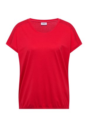 Haut rouge pour femme à manches courtes avec un col rond et un ourlet élastique, présentant des détails délicats cousus le long des épaules.