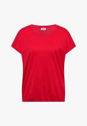 Czerwony damski top z krótkim rękawem, okrągłym dekoltem i elastycznym dołem, z delikatnymi przeszyciami na ramionach.