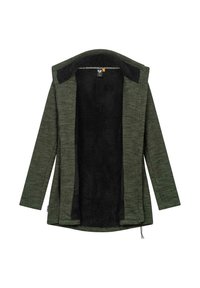 Veste extérieure verte avec une finition texturée, doublure en polaire noire douce, manches longues et un design à ouverture frontale. Comprend un cordon de serrage au bas.