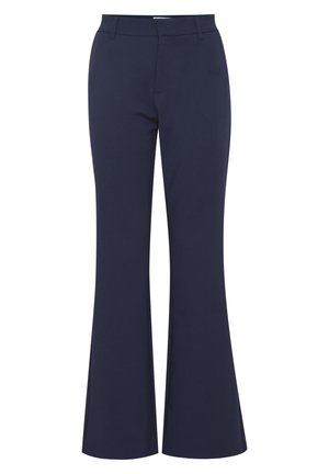 Pantalons évasés bleu marine en tissu lisse et extensible ; dotés d'une taille cintrée et de deux poches avant pour plus de fonctionnalité.