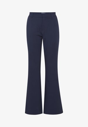 Navyblauwe flared broek gemaakt van een gladde, rekbare stof; heeft een aansluitende taille en twee voorzakken voor extra functionaliteit.