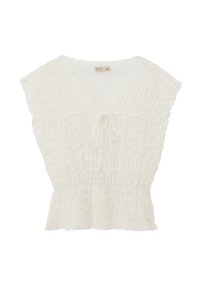 Top bianco a maniche corte realizzato in tessuto testurizzato, con un fiocco davanti e una vita arricciata. Design a scollo a V con dettagli arricciati.