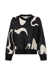 Pull noir avec un motif abstrait crème, fabriqué à partir d'un matériau scintillant, doté d'un col rond et d'une coupe courte avec des manches longues.