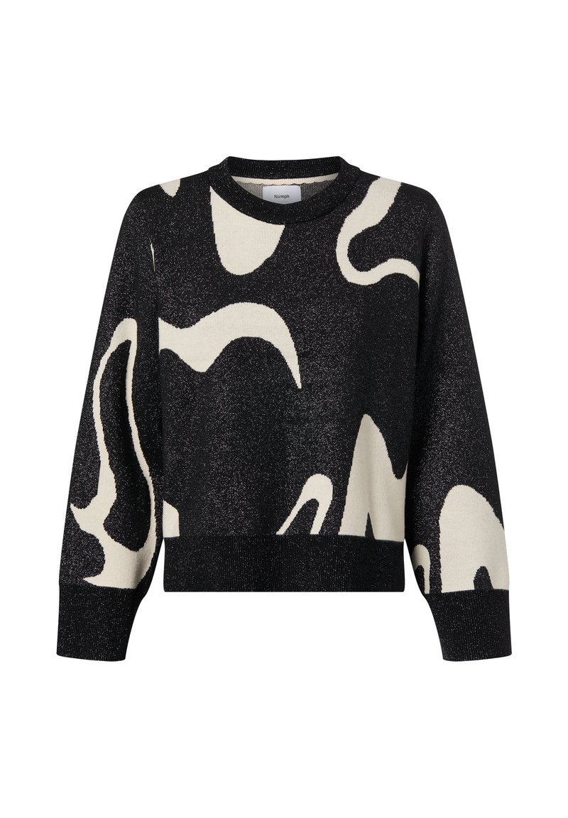 Pull noir avec un motif abstrait crème, fabriqué à partir d'un matériau scintillant, doté d'un col rond et d'une coupe courte avec des manches longues.