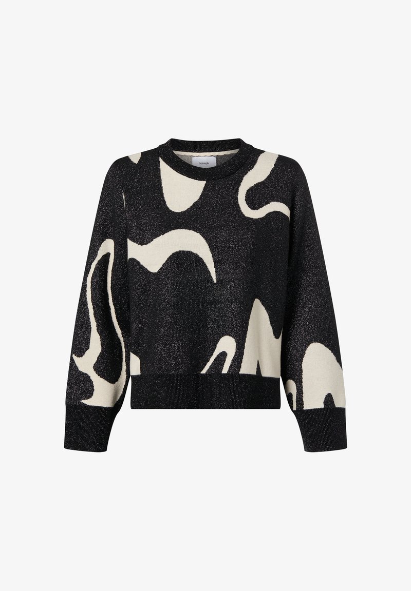 Black sweater with abstract cream pattern, made from a glittery material, featuring a crew neckline and cropped design with long sleeves.