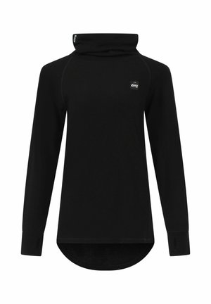 Black long-sleeve top with a high collar, made from soft fabric. Features a logo on the chest and a rounded hem at the bottom.