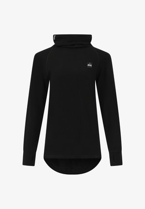 Black long-sleeve top with a high collar, made from soft fabric. Features a logo on the chest and a rounded hem at the bottom.