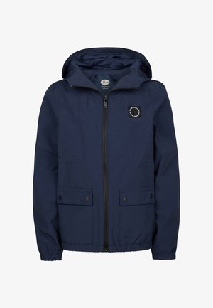 Marineblauwe gewatteerde jas met capuchon, ritssluiting aan de voorkant, twee klepzakken met knoopsluiting, elastische manchetten en een ronde logopatch op de linkerborst.