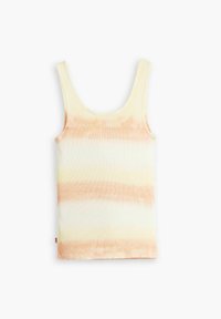 Geribde tanktop in geel met oranje en witte tie-dye strepen. Heeft een ronde halslijn en brede banden. Zacht, lichtgewicht materiaal.