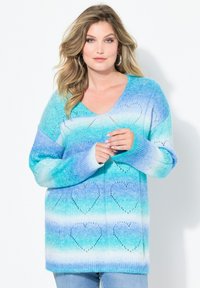 Maglione lavorato a maglia in sfumature di blu, con scollatura a V, maniche lunghe e motivi a cuore, dal tocco morbido.