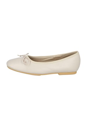 Bailarinas de cuero blanco suave con puntera redondeada, que presentan un pequeño lazo decorativo y una suela flexible beige.