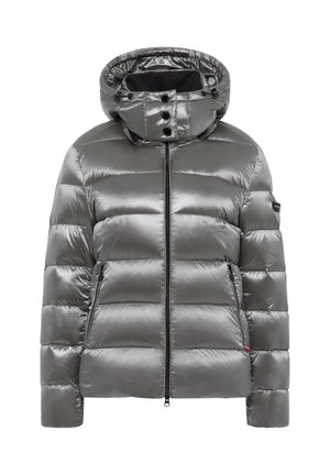 Glänzende silber-graue Daunenjacke mit Reißverschluss vorne, hohem Kragen mit drei Knöpfen, verstellbare Kapuze und seitlichen Reißverschlusstaschen.