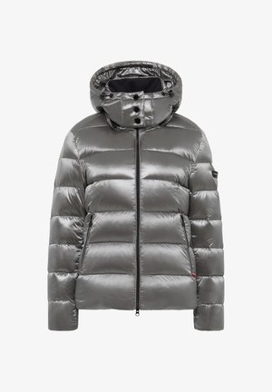 Glanzend zilvergrijze pufferjack met ritssluiting aan de voorkant, hoge kraag met drie knopen, verstelbare capuchon en ritszakken aan de zijkanten.