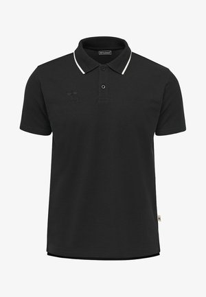 Zwarte poloshirt met een klassieke kraag, witte accenten, geborduurd logo op de borst en korte mouwen. Gemaakt van een gladde stof.