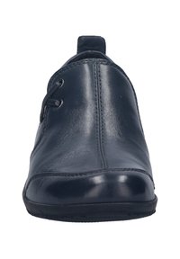 Leather shoe with a rounded toe, dark navy color, two eyelets for laces, and a textured finish. Flexible black rubber sole.