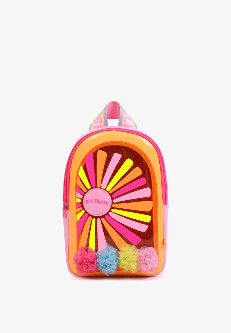Colorful backpack with a transparent front, featuring a sunburst pattern in pink, yellow, and orange, and adorned with tulle pom-poms.