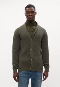 Oliņu zaļš kardigāns ar tekstūrētu, ribotu dizainu, kuram ir šaules apkakle un koka pogas, apģērbts ar atbilstošu turtleneck zem tā.