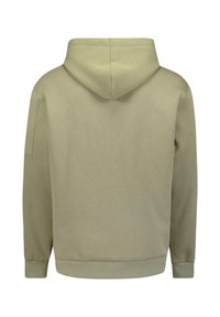Sweatshirt met capuchon in gedempte groene kleur. Heeft een zachte stoftextuur, geribbelde manchetten en tailleband. Achteraanzicht toont minimale stiksel details.