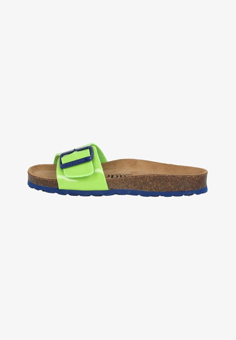 Groene glanzende schuimslippers met blauwe accenten, verstelbare gesp, kurken voetbed en gestructureerde rubberen zool. Het ontwerp richt zich op comfort en stijl.