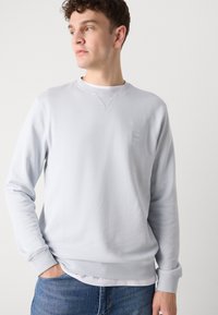 Sudadera gris claro, fabricada en un tejido suave, con cuello redondo, puños y dobladillo acanalados, parche de logotipo pequeño en el pecho, llevada sobre una camiseta blanca.