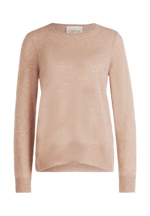 Lyserød strikbluse med rund hals, lange ærmer, ribbede kanter og manchetter, der har en blød struktur og en afslappet pasform.