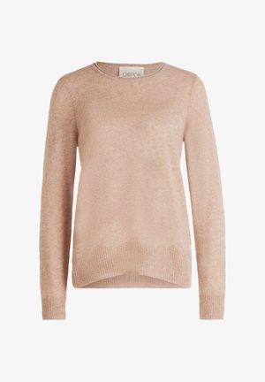 Light pink knitted sweater with a round neck, long sleeves, ribbed hem and cuffs, featuring a soft texture and relaxed fit.