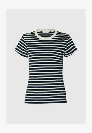 Tumši zils un balts horizontāli svītrots īsroku T-krekls ar baltu apaļu apkakli un nelielu zīmola logotipu pie apakšmala.