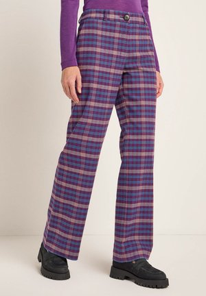 Plaid trousers in purple, blue, and beige tones. Features a button closure and wide-leg design, made from a textured fabric.