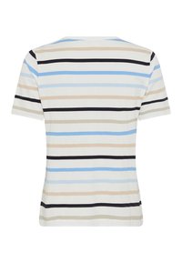 Kortærmet t-shirt i blødt stof med rund halsudskæring, prydet med horisontale striber i lyseblå, beige og sort på en hvid baggrund.