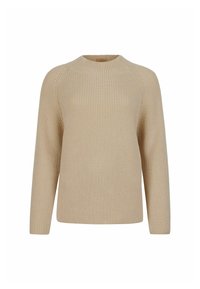 Beige gestrickter Pullover mit Rundhalsausschnitt, langen Ärmeln und geripptem Textur. Klassische Passform mit nahtlosen Designdetails an den Schultern.