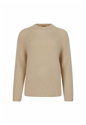 Beige stickad tröja med rundad halsringning, långa ärmar och ribbad textur. Klassisk passform med sömlösa designdetaljer längs axlarna.
