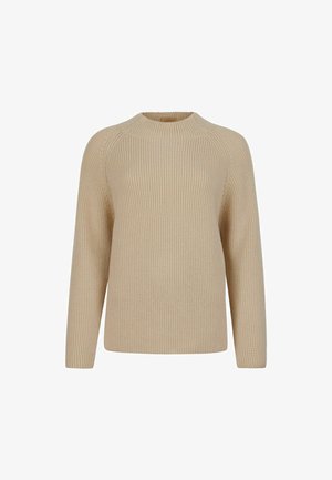 Beige gestrickter Pullover mit Rundhalsausschnitt, langen Ärmeln und geripptem Textur. Klassische Passform mit nahtlosen Designdetails an den Schultern.