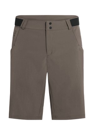 Shorts pour hommes taupe longueur genou avec deux poches avant, ajusteurs de taille en velcro noirs et fermeture à double bouton.