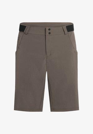 Shorts pour hommes taupe longueur genou avec deux poches avant, ajusteurs de taille en velcro noirs et fermeture à double bouton.