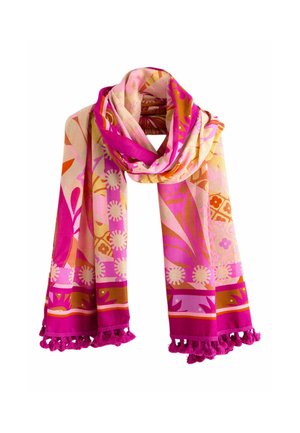Fular roz și portocaliu cu modele florale și geometrice, cu ciucuri de-a lungul marginilor de jos.