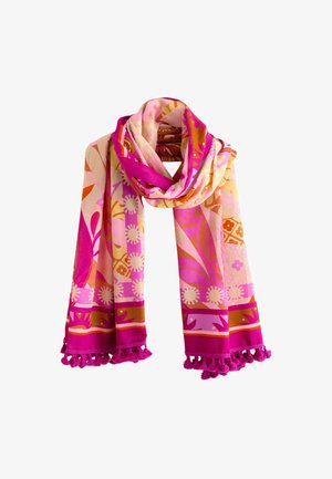 Fular roz și portocaliu cu modele florale și geometrice, cu ciucuri de-a lungul marginilor de jos.