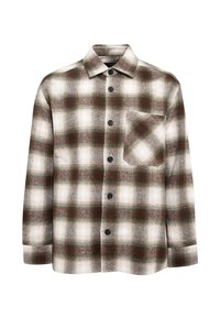 Braun- und beiger karierter Button-Up-Hemd aus weichem Stoff, mit Kragen, langen Ärmeln und einer Brusttasche mit schwarzen Knöpfen.