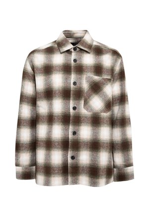 Brown and beige plaid button-up shirt made of soft fabric, featuring a collar, long sleeves, and a chest pocket with black buttons.