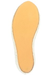 Semelle en mousse avec une surface lisse de couleur orange clair et un bord texturé en paillettes argentées. Forme ovale avec un design doux et rembourré.