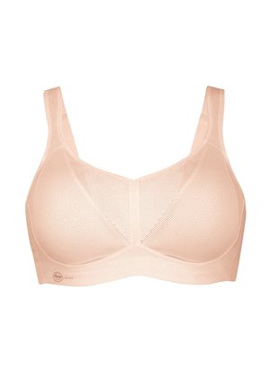 Nackter Mesh-BH mit breiten Trägern, nahtlosen Schalen und strukturiertem Design. Verfügt über eine atmungsaktive Textur und ein verstärktes Mittelteil.