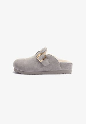 Sabot en suède gris avec un intérieur en fourrure et un détail de sangle à boucle dorée. Il est doté d'un bout arrondi et d'une semelle en caoutchouc texturé.