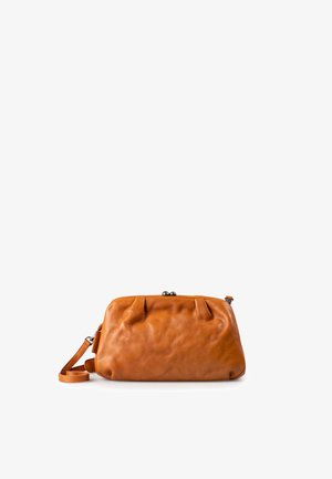Small rectangular tan leather clutch bag with a metal clasp closure and detachable wrist strap on a white background.
