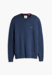 Navy blue sweatshirt made of cotton, featuring a ribbed crew neckline, long sleeves, and a small red and white Levi's logo on the chest.