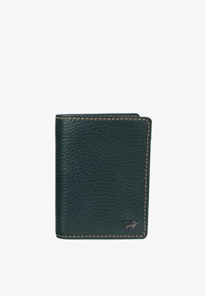 Portafoglio in pelle verde scuro con trama granulosa, caratterizzato da cuciture beige e un piccolo dettaglio con logo metallico sulla parte anteriore.