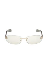 Occhiali da vista rettangolari senza montatura con ponte e stanghette in metallo dorato e terminali in plastica nera, su sfondo bianco.