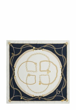 Seidenschal mit marineblauem und elfenbeinfarbenem Hintergrund, der goldene Ketten- und geflochtene Seilmuster symmetrisch innerhalb eines quadratischen Rahmens anordnet.