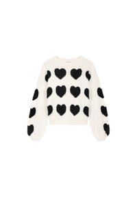 Witte trui met zwarte, fluffy hartpatronen. Heeft lange mouwen met elastische manchetten en een geribde onderkant. Zacht breimateriaal.